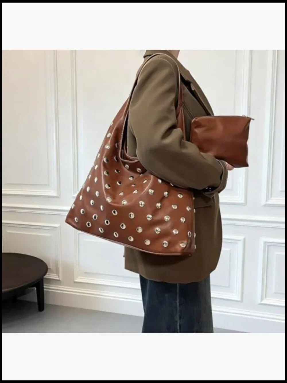 Studded Hobo Bag Vegan Leather Tote Purse Soft Slouchy Shoulder Bag